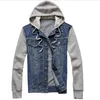 Men's Denim Jacket Patchwork Coat with Strawstring Cap Casual Denim Hoodies with Pockets and Buttons Closure Topwear Cotton Sleeve and Cap