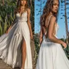 2021 Beach Wedding Dress Lace Spaghetti Straps Side Split Chiffon Bridal Gowns Summer Boho Backless Wedding Dresses Custom Made