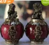 Tibet Silver Red Jade Dragon Phoenix Ball Foo Fu Dog Guardion Lion Pair Statua da collezione Vecchio lavoro manuale rame argento bronzo