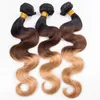 # 1B / 4/27 Noir Brun et Blond Miel 3Tone Ombre Vierge Péruvienne Bundles de Tissage de Cheveux Humains Vague de Corps avec Fermeture Frontale en Dentelle 13x4