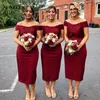 Elegant Sheath Short Bridesmaid Dresses 2018 Sexy Dark Red Tea Length Wedding Guest Dresses Scalloped Pleats Off Shoulder Maid Of Honor Dres