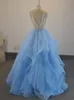 Uroczy Scoop Dekolt Suknia Balowa Suknie Wieczorne Seksowne Beadings Backless Plus Size Blue Prom Party Dresses Formalne Suknie Wykonane