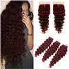 Onda Profunda Do Vinho Do Brasil Vermelho Cabelo Humano Bundles com Fechamento Superior Colorido # 99J Borgonha 4x4 Lace Encerramento com Feixes de Cabelo Virgem Tecer