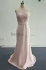 2018 rodna sjöjungfrun brudtärna klänningar med halter halsring ärmlös golv längd pärlstil applikationer trumpet rosa prom party kappa