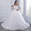 Fora do ombro tule vestido de baile vestidos de casamento com mangas compridas 2019 rendas apliques vestidos de casamento branco marfim