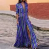 Nibesser Kvinnor Sommarstrand Maxi Klänning 2018 Sexig Hög Split Sundress Mode Färgglada Striped Print Boho Long Party Dress Robe
