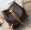 Fashion genuine leather bucket bag women famous brands designer Drawstring handbags flower printing crossbody purse