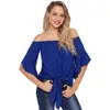 Sexy Off Ramię Kobiety Bluzka Ubrania Jesień Żółty Bez Ramiączek Knot Front 3/4 Rękaw Top Koszula Kobieta Blusas