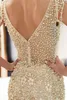 Novo Designer 2019 Sexy Ouro Cinza Sereia Vestidos Beads Cristais Bling Bling V de Volta Sheer Neck Tiered Tule Até O Chão Vestidos de Noite