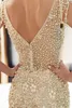 Nieuwe Designer 2019 Sexy Gold Gray Mermaid Prom Jurken Kralen Kristallen Bling Bling V Back Sheer Neck Tiered Tule Vloer Lengte Avondjurken