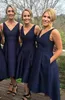 Navy Blue Bridesmaid Dresses Satin High Low custom Made V-Neck Simple Maid Of Honor Dresses Evening Party Gowns Formal Prom Dresses HY246