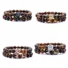 2 st / set Animal King Lion Head Tiger Eye Armband Svart Natursten Crown Par Braclet Set för män Hand Smycken Tillbehör