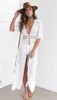 Vit lång sommarstrandklänning för kvinnor saftig öppen djup v halsringning transparent chiffongklänning klänningar boho9720871