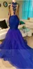 Navy Royal Blue Avondjurken Diepe V-hals Lange Mouwen Kralen Vloer Lengte Illusie Back Jurken Avond Draag Mermaid Prom Dresses