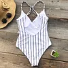 Stay Young Stripe Onepiece Deep V neck Swimsuit Summer Sexy Backless Bikini Set Ladies Beach Bathing Suit Swimwear1284629