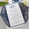 GOLD CHANTILLY LACE Laser Cut Wrap Invitation - Faire-part de mariage élégant découpé au laser avec insert scintillant ivoire et noeud de ruban ivoire