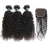 Kinky Curly Human Hair Buntar med stängning Bästa kvalitet Brasilianska Peruanska Virgin Remy Hair Weave 3 buntar med 4 * 4 Lace Closure Extension