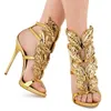 Sexy Bling Kristall gebohrte Winkelflügel glänzende Ledersandalen vergoldete Flügel Riemchen mit Schnallen Braut High Heels Flamme Blätter Sandalenschuhe