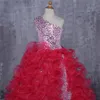 ファッションスライバのスパンコールの女の子のページェントのドレス安いワンショルダーオーガンザのフリルクリスタルロングプロムのイブニングドレス子供のための子供たち2021