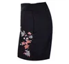 Black Skirt Women High Waist A-Line Style Floral Embroidery Back Zip Patch Denim Cotton Skirts