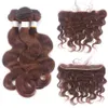 # 4 Middle Brown Lace Frontal med buntar Choklad Brun Body Wave Human Hair Weaves Öron till öra Lace Frontal med buntar