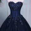 Dresses 2022 Dark Blue Sweet 16 Dresses Ball Gowns Applique Beaded Crystal Sequin Open Back Tulle Quinceanera Dress Prom Dress 8th Grade L