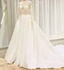 Scoop Neck Lace Satin Wedding Dress Lace Appliques 2018 Long Sleeves Wedding Gowns with Court Train White Ivory