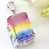 Hugo Rainbow 7pcs/Lot Holiday Jewelry Gift Square Vintage Bi-Colored Tourmaline Mystic Gems 925 Silver Pendant Necklace