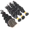 28 30 pouces Bundles droits brésiliens de cheveux vierges avec fermeture en dentelle Corps frontal Vague profonde Extensions de tissage brut Remy pour femmes noires Couleur naturelle Humide et ondulé