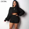 ZJFZML 2019 Autumn Winter 2 Two Piece Set Women Long Sleeve Knitted Sweater Crop Tops And Bodycon Shorts Casual Outfit Warm Tracksuit