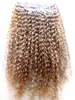 Brasiliansk mänsklig jungfru remy klipp ins hårförlängningar mörka blondin kinky lockiga dubbla ritade tjock wefted