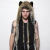 2018 Damen Herren Winter Kunstfell Kapuze Tiermütze Ohrenklappen Handtaschen 3in1 Kapuzenmütze Wolf Plüsch Warme Tiermütze mit Schal Handschuhe 540230M