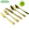 JANKNG 20-Piece Ouro Louça De Jantar De Casamento De Ouro Talheres De Viagem De Aço Inoxidável Talheres Garfo Faca Scoops Talheres para 4