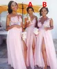 Country Blush Pink Brautjungfernkleider 2022 Sexy Sheer Jewel Neck Lace Applique Trauzeugin Kleid Split Formelle Abendkleider Tragen