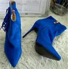 Kvinnor Mode Design Pekad Toe Blue Suede Läder Tassels Tunna Heel Short Boots Cut-out High Heel Ankel Booties Klänning Skor