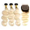 1B 613 Ombre Blonde Bundles de cheveux humains avec 4x4 partie libre fermeture en dentelle vague de corps racine noire cheveux humains tisse des extensions de cheveux blonds