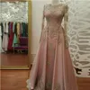 Nuovi abiti da sera rosa per le donne indossano maniche lunghe con collo gioiello Appliques in pizzo Crystal Bling Biling Plus size abiti da ballo Hy123