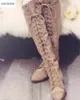 2018 Herbst Winter Vintage Spitzschuh Schnürstiefel Damen Kniehohe Stiefel Mode Metall verzierte Schuhe Damen Med Heel Bottes Femmes