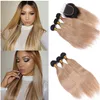 Straight 1b / 27 Dark Rooted Honey Blonde Ombre Virgin Brasilianska Human Hair Weaves 3 Bundle Deals With Lace Closure 4x4 Ombre Hair Extensions