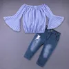 Ins Europe mode bébé filles 2 pièces ensemble de vêtements enfants Slash cou rayure Blouse + jean enfants tenues vêtements costume W142