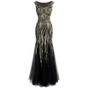 ANGFASHIONEN Women039s rundes Nackenmuster Pailletten Spleißen Tüll -Party -Kleid Flapper Langer Meerjungfrau Abendkleid 3775163912