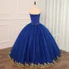 Royal Blue With Gold Applique Lace Quinceanera Prom Dresses Cheap Sweetheart Corset Sequins Beaded Sequined Tulle Vestidos 15 anos