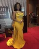 Afrika Nijeryalı Sarı Mermaid Gelinlik Modelleri Boncuklu Kristaller Sweep Tren Örgün Akşam Parti Abiye Ruffles Elbise Ünlü Önlükler
