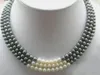 Collier de perles naturelles noires et blanches, 3 rangées de 7 à 8MM, 17 à 19 pouces