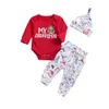 Meninas Roupas De Natal Do Bebê Recém-nascido Roupas Menino Conjunto Carta Dos Desenhos Animados Veados Calças De Impressão Dos Desenhos Animados Chapéu 3 PCS Meu Primeiro Natal Infantil Criança Roupas