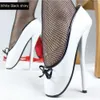 Anpassad 18cm / 7 "Ultra High Spike Heels Slip-on Ballettpumpar med Bowtie Black White Patent Läder Fetisch Skor BDSM Plus Storlek för Sexig