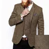 Spring Winter Fashion BrownTweed Groom Tuxedos Man Blazer Notch Lapel Three Button Men Business Dinner Prom Suit(Jacket+Pants+Tie+Vest) 1153