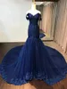 Marineblaue Spitze, schulterfrei, Ballkleider mit Zug, Meerjungfrau-Stil, Applikationen, Perlen, Partykleid, formelle Kleidung für Frauen, Abendkleider, Vestidos de F