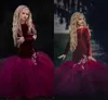 2018 Borgonha Velvet Pageant Sereia Flor Meninas Vestidos Apliques De Fita Ruffle Crianças Formais Desgaste Mangas Compridas Flores Vestidos