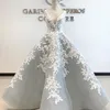 White Lace Appliqued Prom Dresses Dubai Glamorous V-Neck Sleeveless Bodice Lace-Up Evening Dresses 2018 Sexy Tulle Ball Gown Party Dress